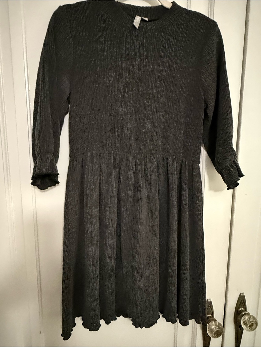 ASOS Charcoal Textured Long Sleeve Smocked-Waist Midi Dress